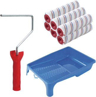 Muur verfrollers schilderen set - beugel en verfbak - 6x rollers van 18cm - anti spat rollers