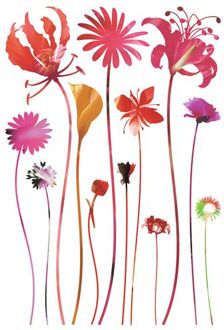 Muursticker Bloemen Roze, Lila Paars En Groen - 42,5 X 65 Cm