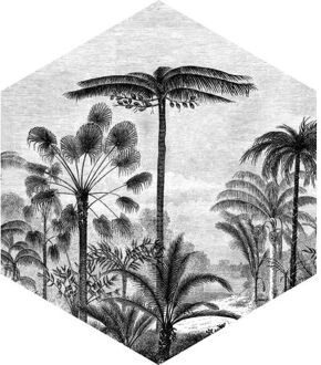 Muursticker Tropisch Landschap Met Palmbomen Zwart Wit - 140 X 161 Cm