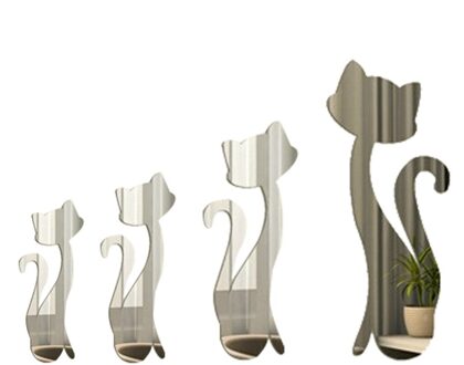 Muursticker Woonkamer Slaapkamer Achtergrond 4Pcs Mooie Katten Zilveren Spiegel Decoratie Thuis Kamer Art 3D Diy Muurstickers