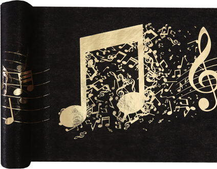 muziek thema tafelloper op rol - 5 m x 30 cm - zwart/goud - non woven polyester - Feesttafelkleden