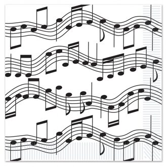Muzieknoot servetten - wit - 16x - 25 x 25 cm - feest servetten muziek thema