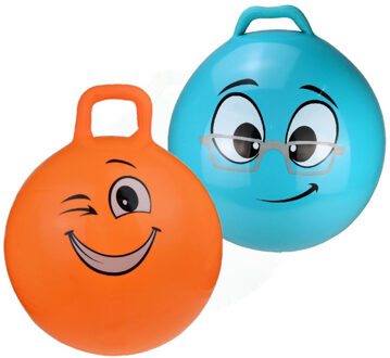 My Skippy Buddy 2x stuks skippyballen smiley voor kinderen oranje en blauw 45 cm - Zomer buiten speelgoed