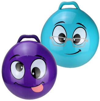 My Skippy Buddy 2x stuks skippyballen smiley voor kinderen paars en blauw 45 cm - Zomer buiten speelgoed