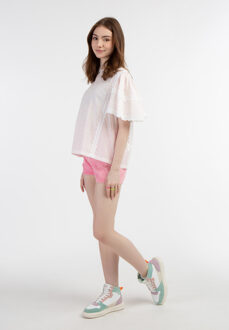 MYMO blouse met kant Dames Wit roze oranje stippen - maat