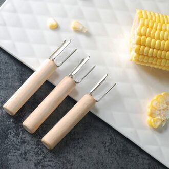 N10pcs Bbq Maïs Vorken Voedsel Vorken Draagbare Maïs Gebraden Naald Maïs Plug Barbecue Rundvlees Worst Fruit Houten Handvat Vork Een