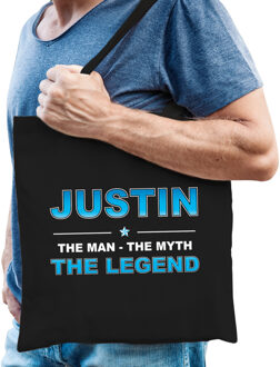 Naam cadeau Justin - The man, The myth the legend katoenen tas - Boodschappentas verjaardag/ vader/ collega/ geslaagd