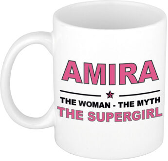 Naam cadeau mok/ beker Amira The woman, The myth the supergirl 300 ml - Naam mokken Multikleur