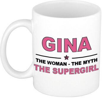 Naam cadeau mok/ beker Gina The woman, The myth the supergirl 300 ml - Naam mokken Multikleur