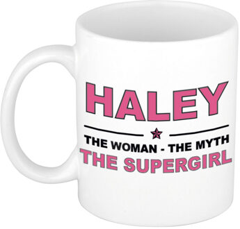 Naam cadeau mok/ beker Haley The woman, The myth the supergirl 300 ml - Naam mokken Multikleur