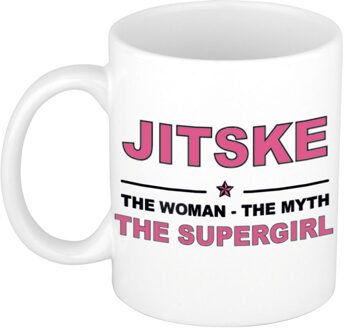 Naam cadeau mok/ beker Jitske The woman, The myth the supergirl 300 ml - Naam mokken Multikleur