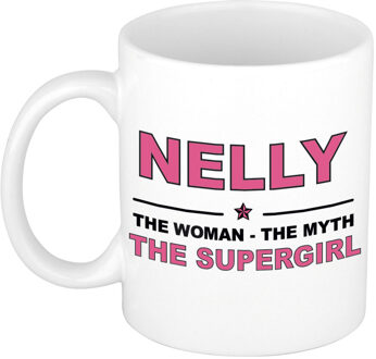Naam cadeau mok/ beker Nelly The woman, The myth the supergirl 300 ml - Naam mokken Multikleur