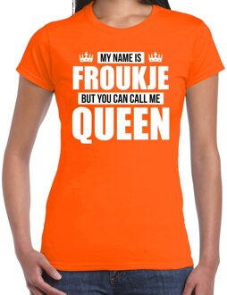 Naam cadeau t-shirt - name Froukje - call me Queen - oranje - dames L