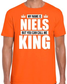 Naam cadeau t-shirt - name Niels - call me King - oranje - heren M