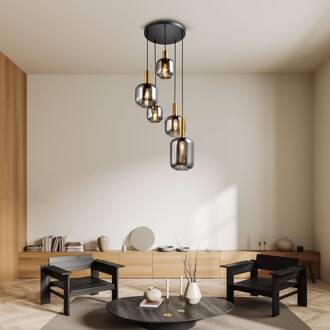 Näve Hanglamp Fumo, rookglas, 5-lamps, rondel zwart, goud, rookgrijs-transparant