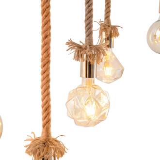 Näve Hanglamp Rope, 5-lamps, van hout en Jute hout, beige, goud