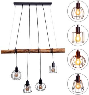 Näve Hanglamp Woodland 4-lamps kooikappen zwart, hout donker