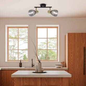 Näve Plafondlamp Lindita, 2-lamps, glas, rookgrijs, E14 rookgrijs, zwart, messing