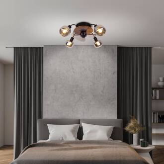 Näve Plafondventilator Fumoso, 4 E14 rookglas-armaturen zwart, rookgrijs-transparant, licht hout
