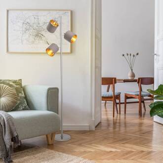 Näve Vloerlamp Maron, 3-lamps, textiel, bruin/goud chroom, bruin, goud