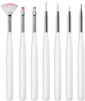 Nail Art Brush Set Liner Puntjes Fan Acryl Builder Platte Schilderij Tekening Carving Pen Uv Gel Manicure Tool 7 stk wit