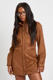 Namaaksuède Jurk Met Ingesnoerde Taille En Kraag, Tan - 42