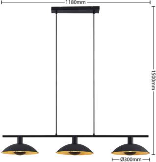 Narisara balk hanglamp, 3-lamps zwart, goud