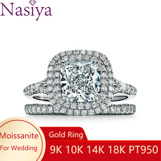 NASIYA 14K 585 White Gold 1ct 6mm EF Color Cushion Cut Moissanite Double Halo Engagement Ring Bridal Ring Set for Women