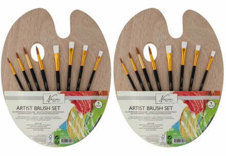 Nassau Fine Art hobby schilderspalet met 8x penselen - 2x - Diverse formaten - Penselen Multikleur