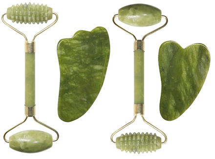 Natural Green Jade Roller Face Massager Guasha Board Scraper Set Crystal Stone Facial Massage Roller Gouache Scraper Beauty Tool