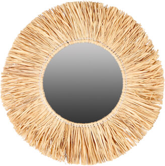 Natural Living Wandspiegel - Boho/ibiza stijl - raffia - lichtbruin - rond - 46 cm