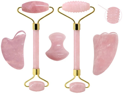 Natural Rose Quartz Jade Roller Set Real Jade Gouache Scraper Jade Massager Gua Sha Board Facial Massager Face Massage Roller