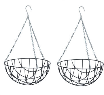 Nature 2x stuks hangende plantenbak metaaldraad donkergrijs met ketting H16 x D30 cm - hanging basket - Plantenbakken