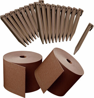 Nature 2x stuks Kunststof grasranden / borderranden taupe bruin inclusief 20x grondpennen 10 m x 15 cm