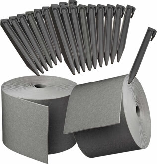 Nature 3x stuks Kunststof grasranden / borderranden grijs inclusief 30x grondpennen 10 m x 15 cm