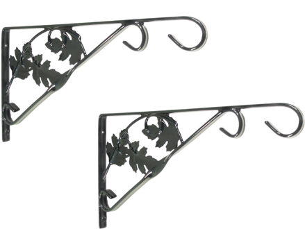 Nature 3x stuks muurhaak / plantenhaak antraciet met bladeren - geplastificeerd verzinkt staal - 20 x 35 cm - hanging basket haak