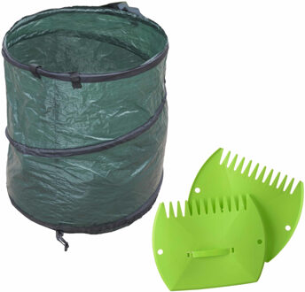 Nature Groene tuinafvalzak opvouwbaar 90 liter met een setje bladharken/tuinafval grijpers