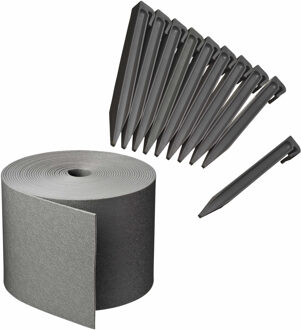 Nature Kunststof grasrand / borderrand grijs inclusief 20x grondpennen 20 meter x 15 cm hoogte