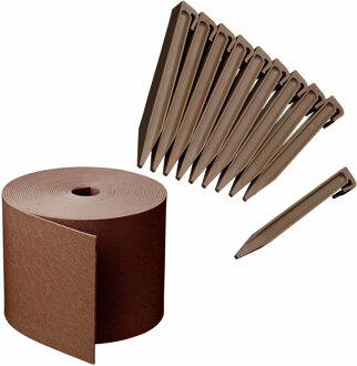 Nature Kunststof grasrand / borderrand taupe bruin inclusief 20x grondpennen 20 meter x 15 cm hoogte