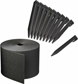 Nature Kunststof grasrand / borderrand zwart inclusief 20x grondpennen 20 meter x 15 cm hoog