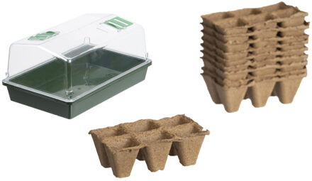 Nature Kweekbak/kweekkast met deksel met 10x houtvezel kweekpotjes 38 x 24 x 18 cm