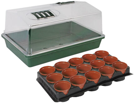 Nature Kweekbak/kweekkast met deksel met 15x kunststof kweekpotjes 38 x 24 x 18 cm