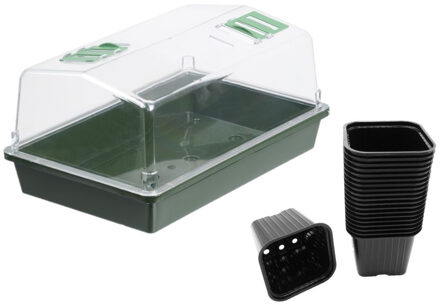 Nature Kweekbak/kweekkast met deksel met 20x kunststof kweekpotjes 18 x 37,5 x 24 cm - kweekkassen Groen