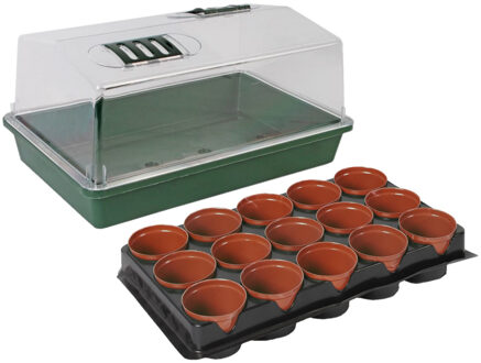 Nature Kweekbak/kweekkast met deksel met 30x kunststof kweekpotjes 38 x 24 x 18 cm
