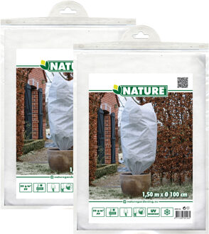 Nature Plantenhoes met trekkoord - 2x stuks - H150 x D100 cm - wit - anti-vorst planten beschermhoes
