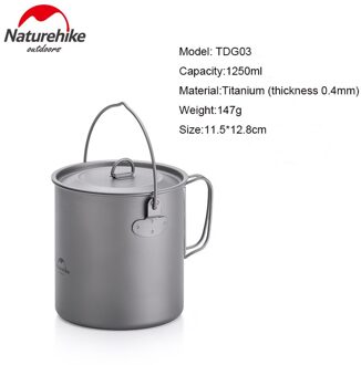 Naturehike Outdoor Titanium Camping Pannenset Koekenpan Ultralight Servies Pot Reizen Wandelen Picknick Keuken Fornuis 1250ml titanium Pot