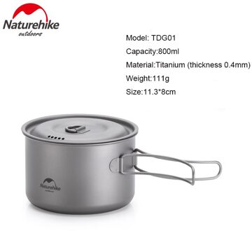 Naturehike Outdoor Titanium Camping Pannenset Koekenpan Ultralight Servies Pot Reizen Wandelen Picknick Keuken Fornuis 800ml titanium Pot