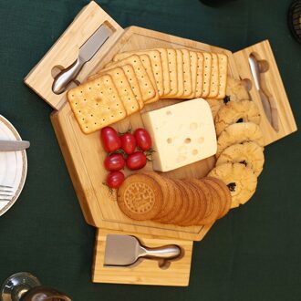 Natuurlijke Bamboe Kaasplank Bestek Mes Set Met Schuif Lade Houten Plaat 3 Kleine Snijden Messen Kaas Tool Set 11