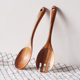 Natuurlijke Keuken Houten Lepel Salade Diner Serveerlepels Server Houten Vork Lepel Bestek Set Houten Keukengerei Servies