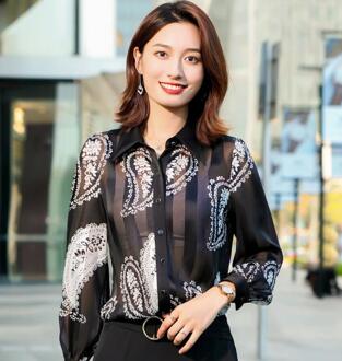 Naviu Mode Transparant Overhemd Gedrukt Chiffon Blouses Voor Vrouwen Tops Lente Office Wear Xl